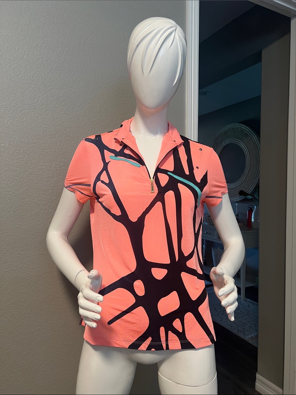 jamie sadock Coral & Black Abstract Zip Polo size S